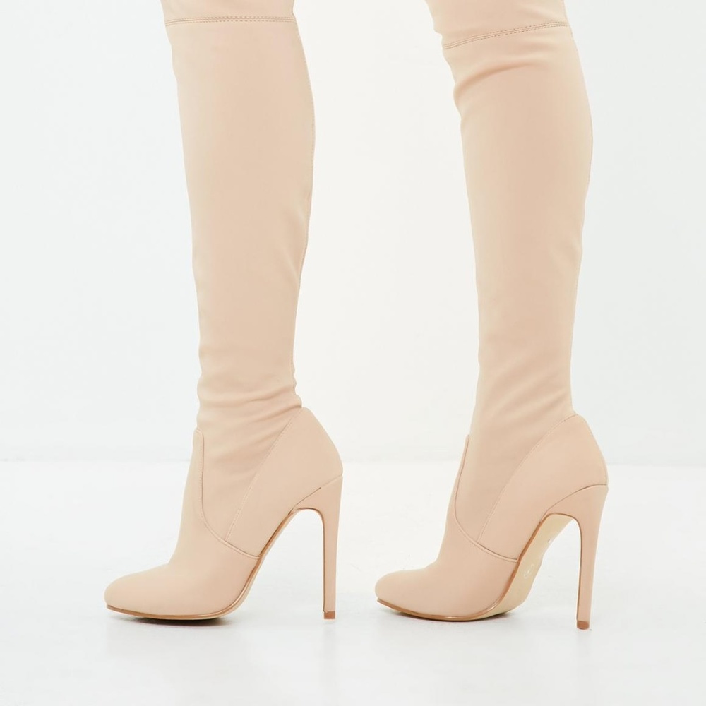 nude round toe over the knee heeled boots